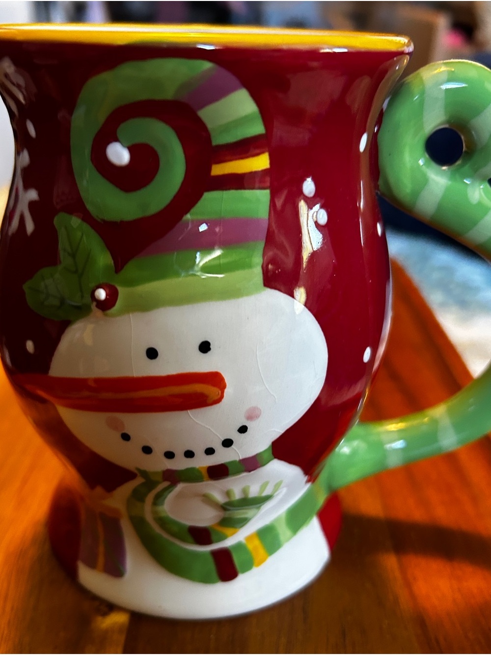 Pier One Import. Holiday Snowman Ceramic Mug - Red and Green Handpainted